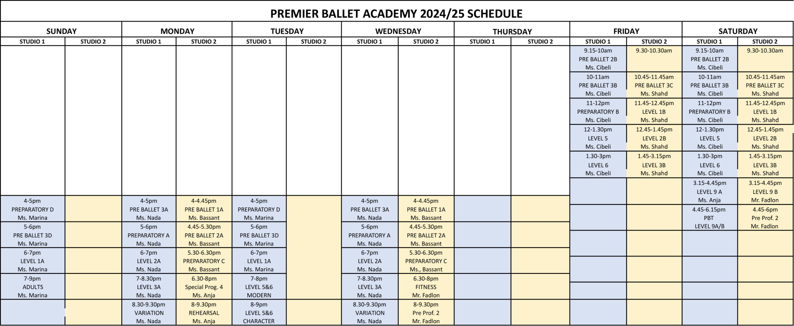 New Cairo ballet class schedule at Premier Ballet Academy