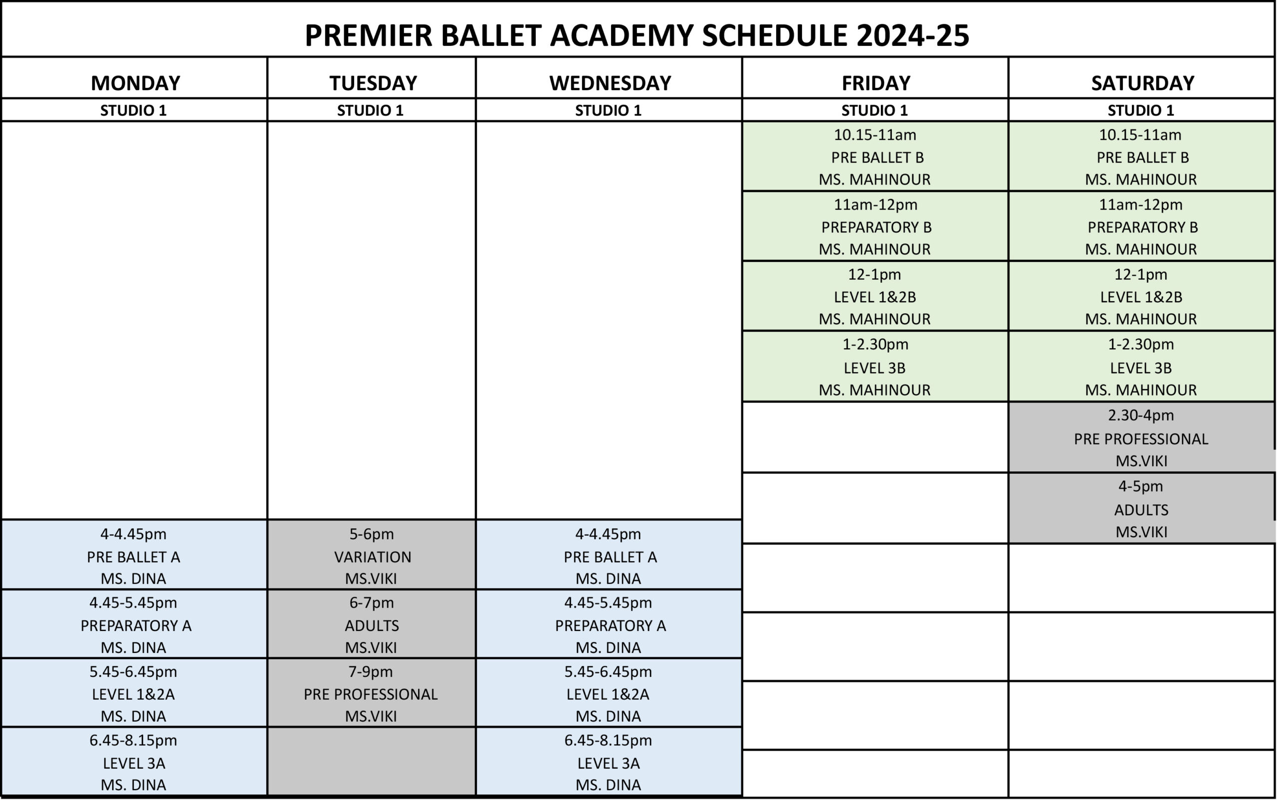 Sheikh Zayed ballet class schedule at Premier Ballet Academy