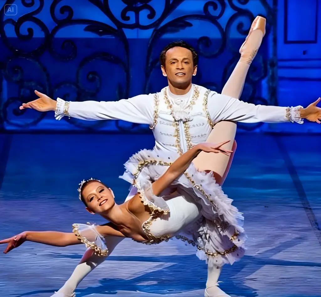 Ballet Academy Cairo founders performing a classical pas de deux lift on stage.